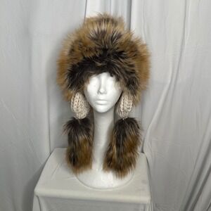 Starling Faux Fur Trimmed Knit Trapper Hat Cream Brown Made in Poland